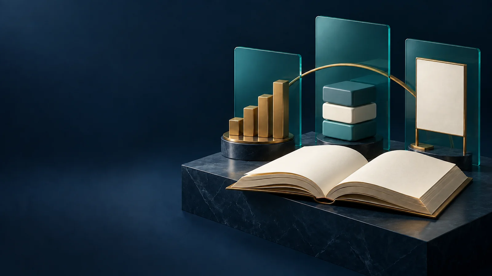Open book beside teal glass panels, a brass data sculpture and modular blocks on a navy plinth.