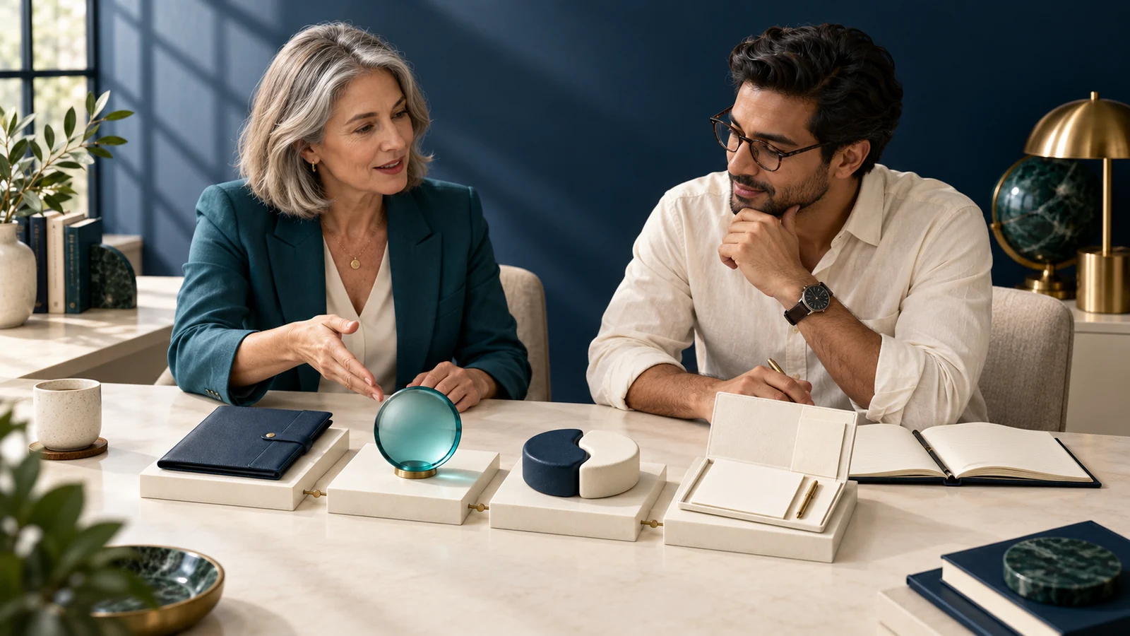 Four connected ivory platforms hold a brief folder, glass lens, joined modules and delivery folio.