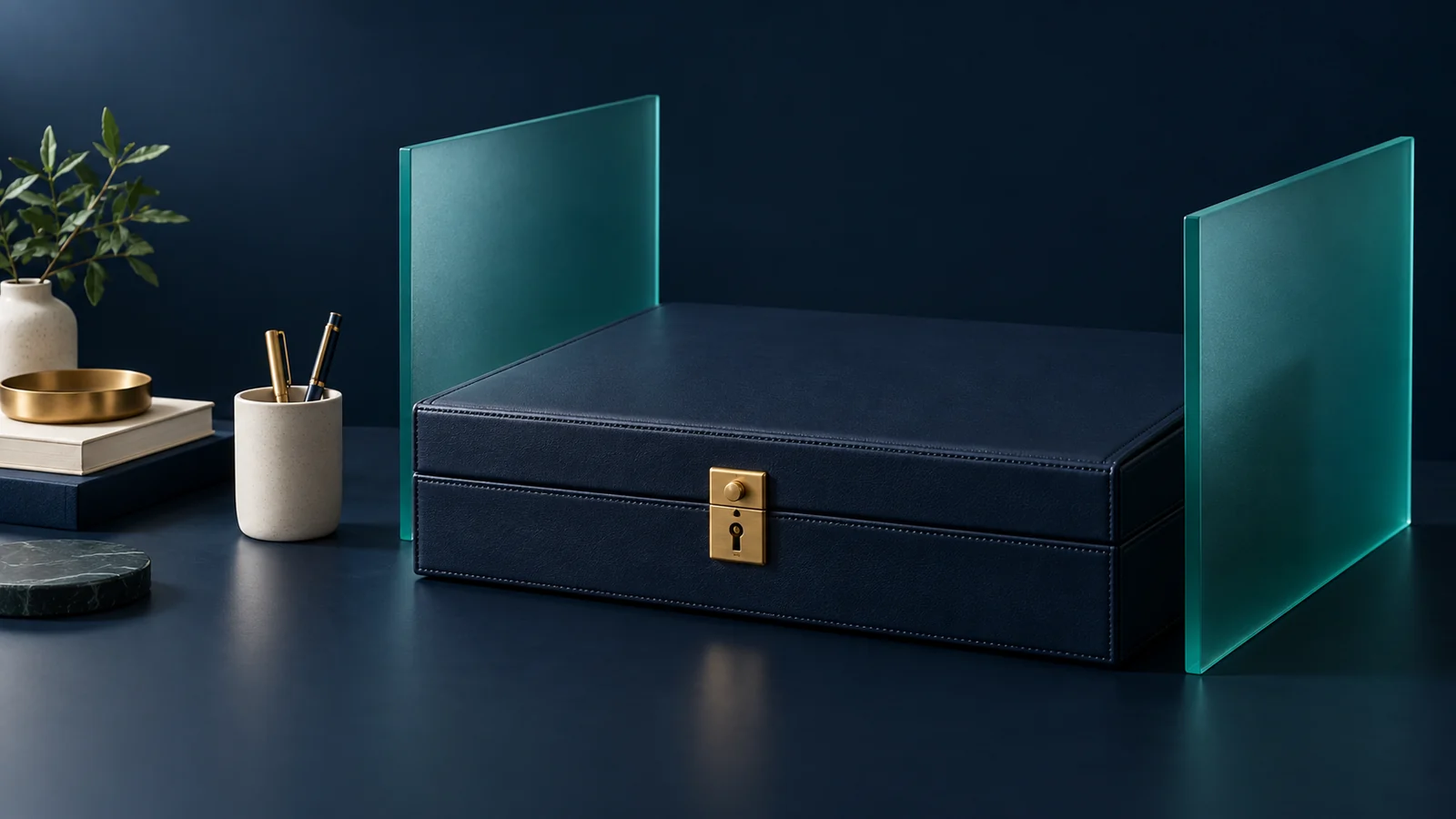 Closed navy document case with a brass lock between frosted teal glass panels.