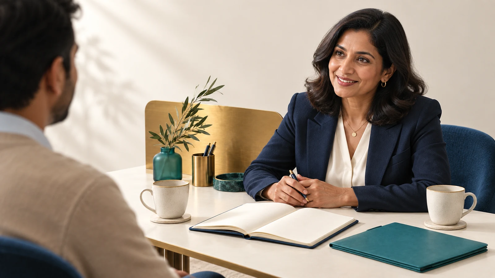 Open notebook, navy pen, teal folder and two ivory cups on an inviting consultation desk.